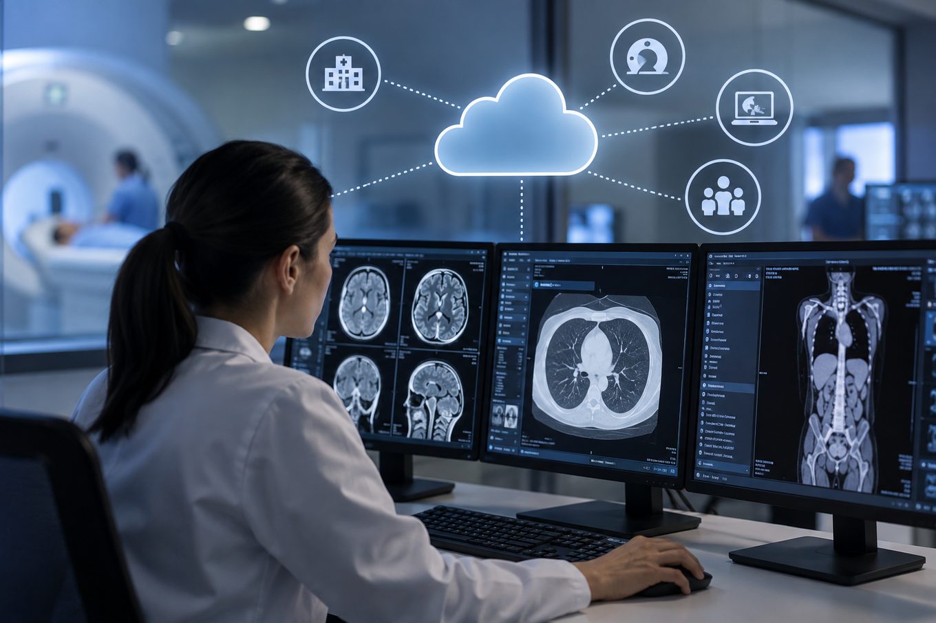 Radiologist reviewing MRI, CT and full-body scans on multiple monitors, with a cloud icon linking hospital, scanner, laptop and patient icons